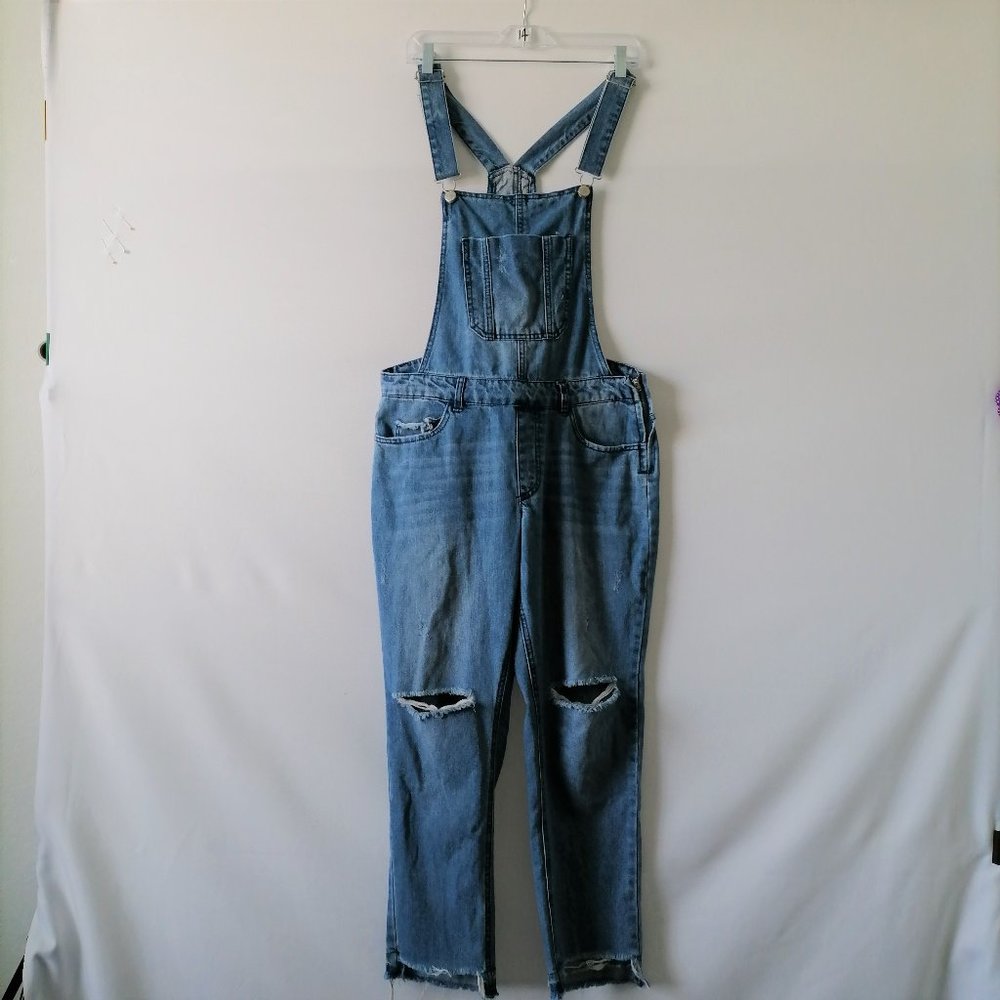 Highway Jeans Womens Blue Mid Rise Side Zip Denim Ripped Skinny Overalls Size L